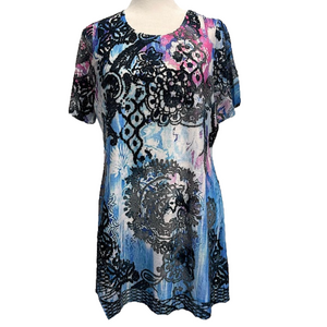 Cativa Blue Black & Magenta Textured Paisley Art to Wear Short Sleeve Tunic